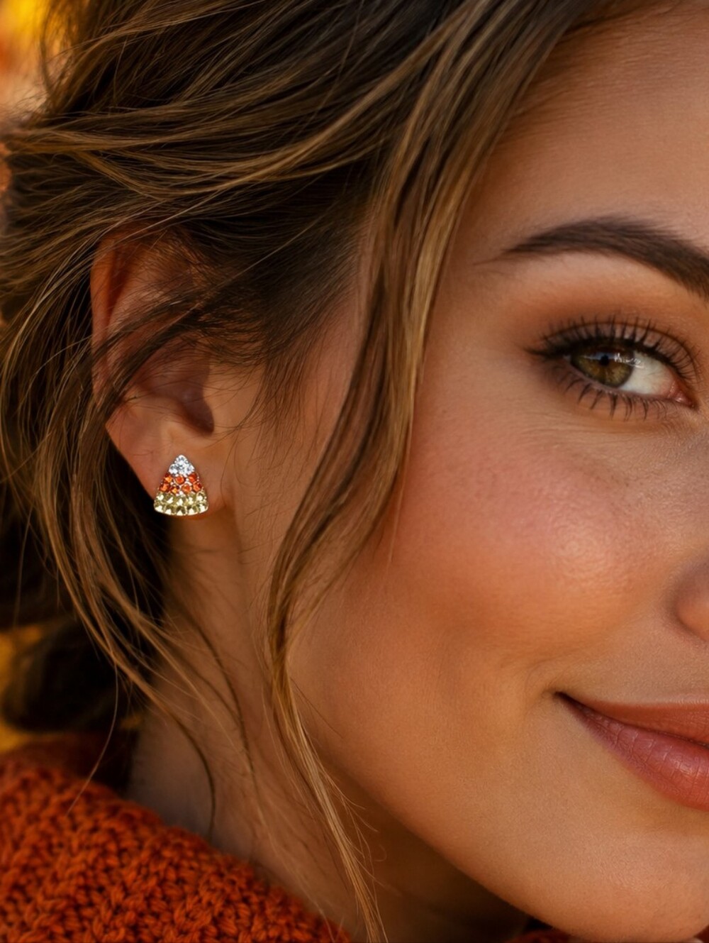 Candy Corn Stud Earrings Crystal Embellished Mini Fashion Jewelry Accessories